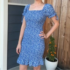 Blue Floral Shirred Bodycon Dress